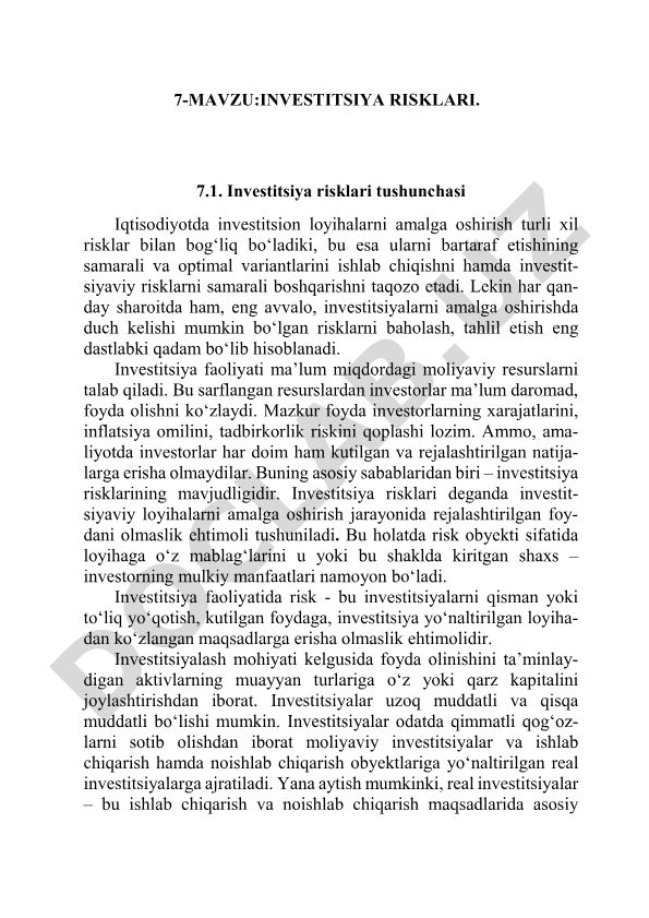 Investitsiya risklari tushunchasi va boshqarish