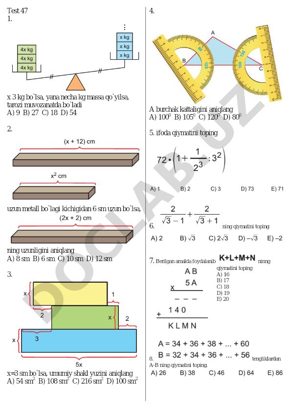 Matematika test savollari va masalalari