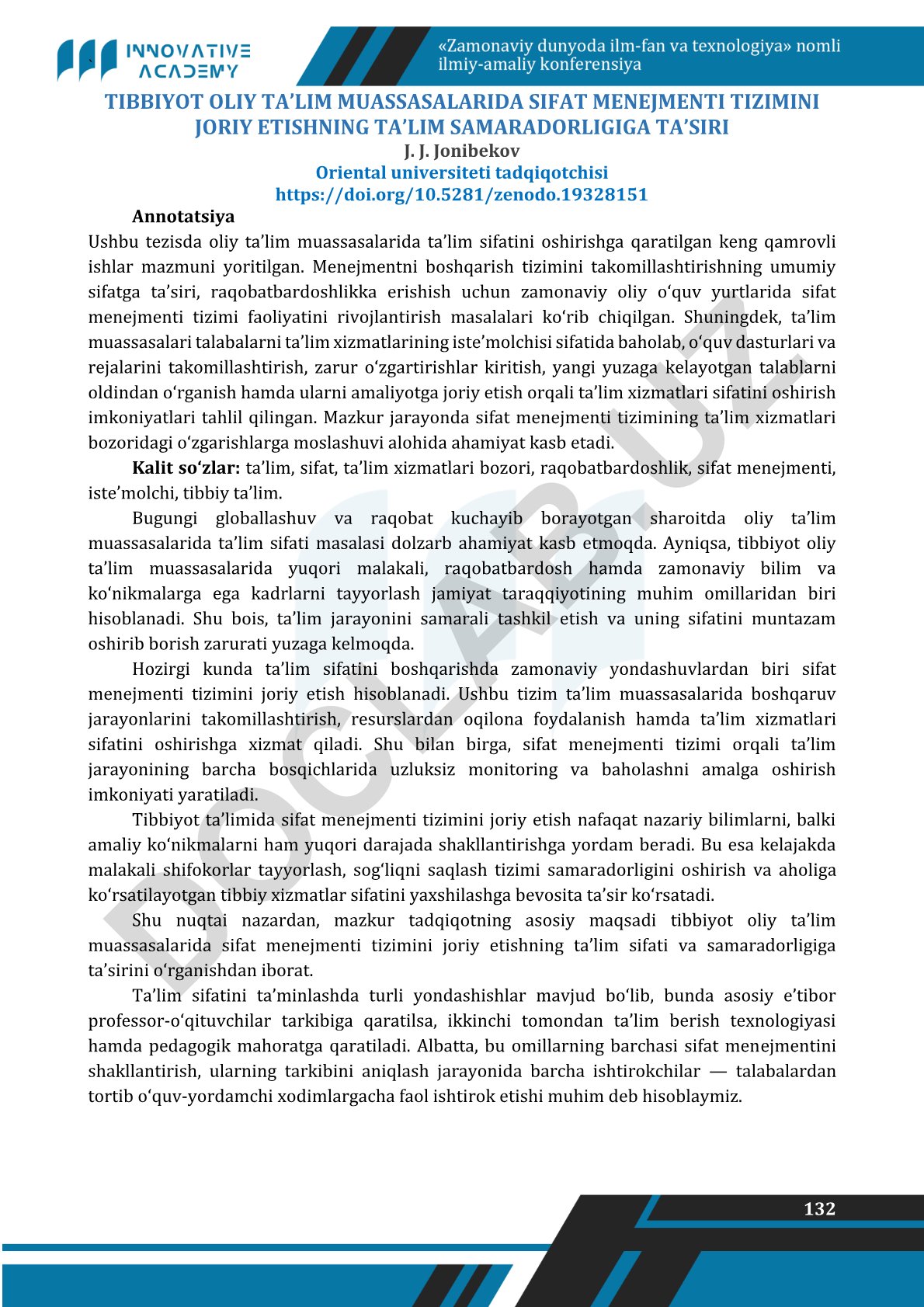 Tibbiyot oliy ta'lim muassasalarida sifat menejmenti tizimini joriy etishning ta'lim samaradorligiga ta'siri