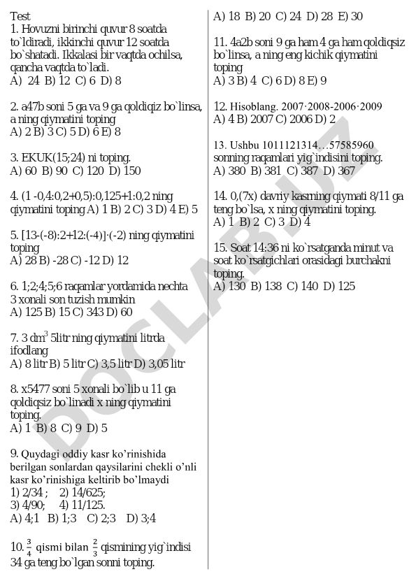 Matematika test savollari va masalalari
