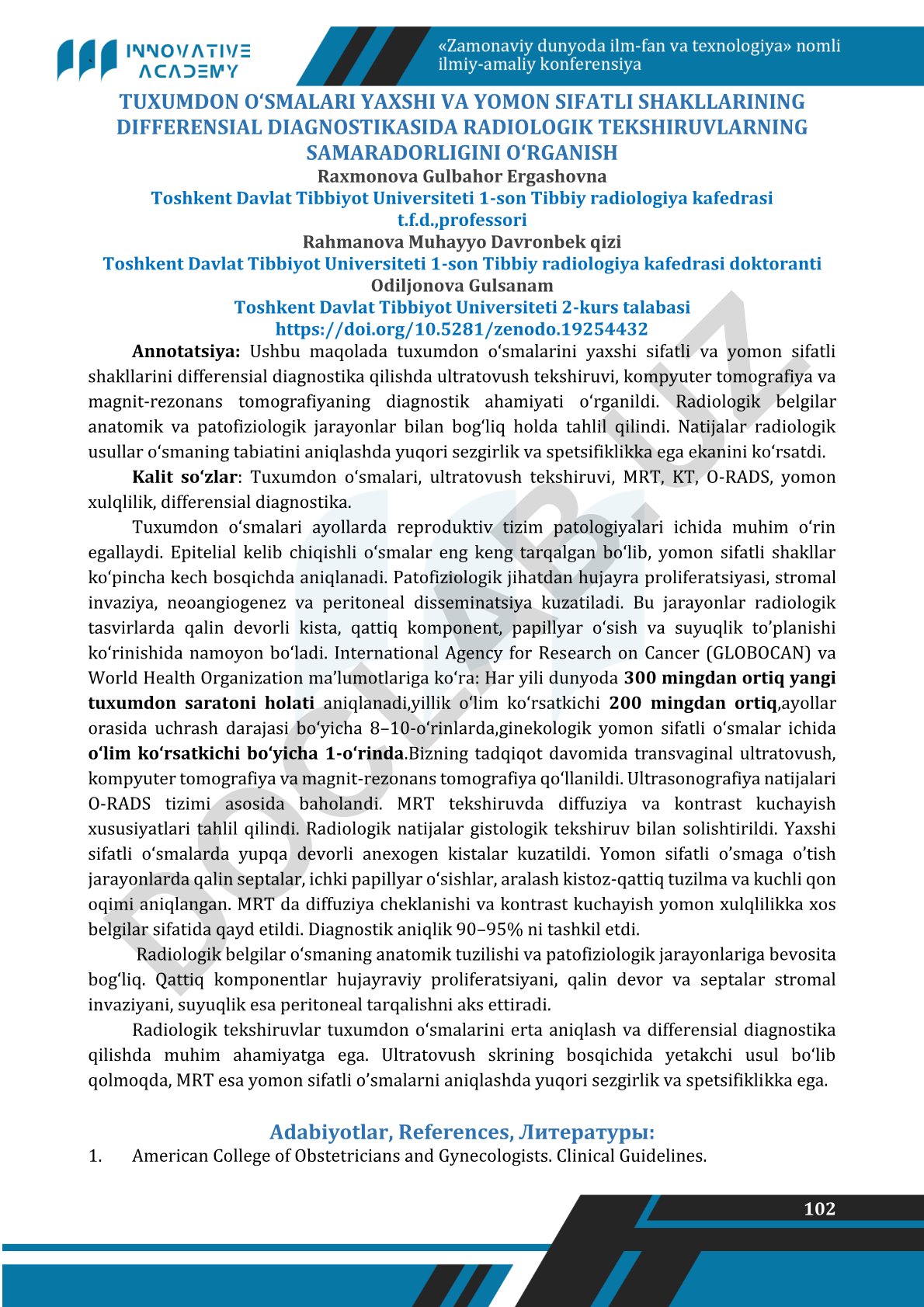 102 Tuxumdon o‘smalari yaxshi va yomon sifatli shakllarining differensial diagnostikasida radiologik tekshiruvlarning samaradorligini o‘rganish
