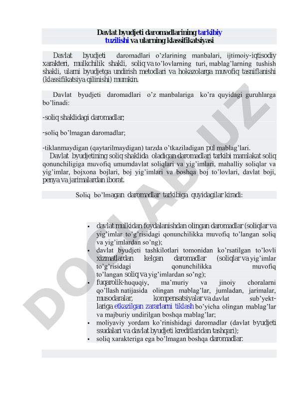 Davlat byudjeti daromadlarining tarkibiy tuzilishi va klassifikatsiyasi