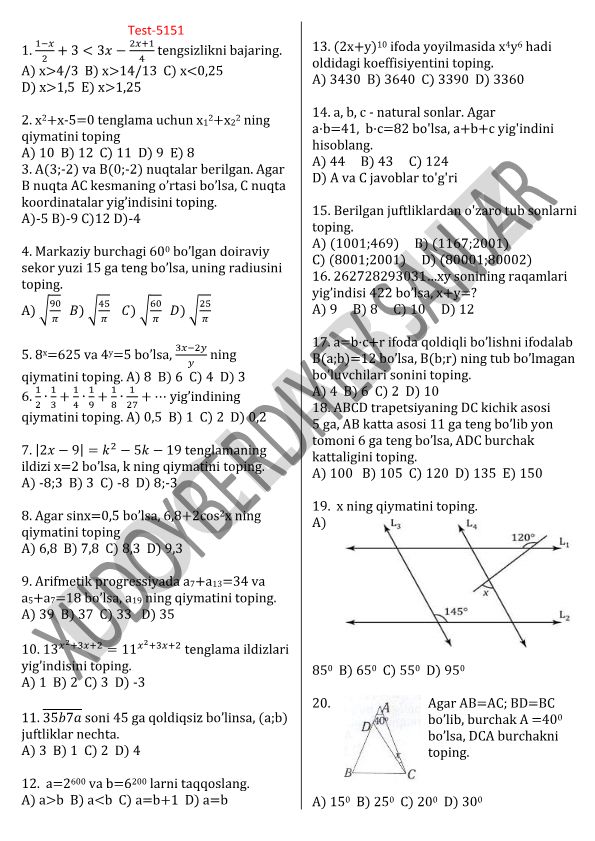 Matematika test savollari va masalalari