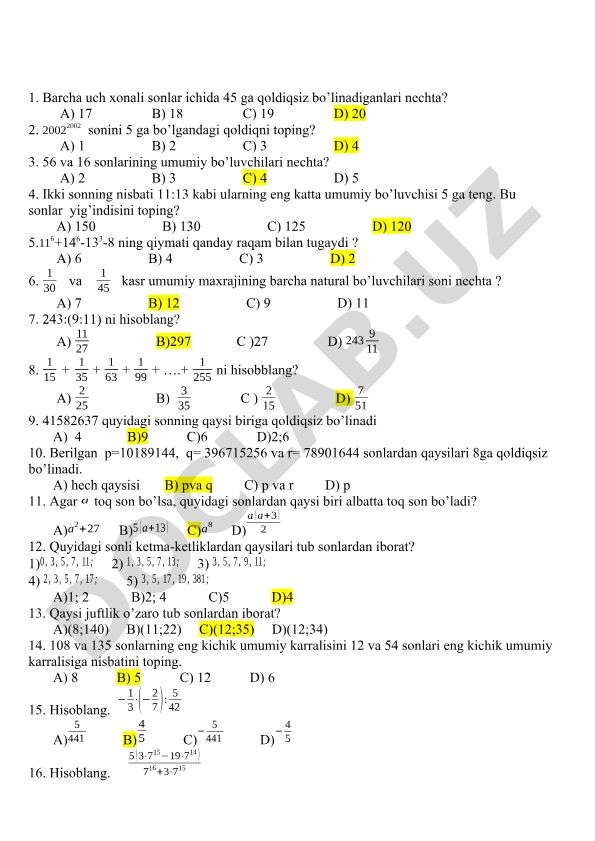 Matematika test savollari va masalalari