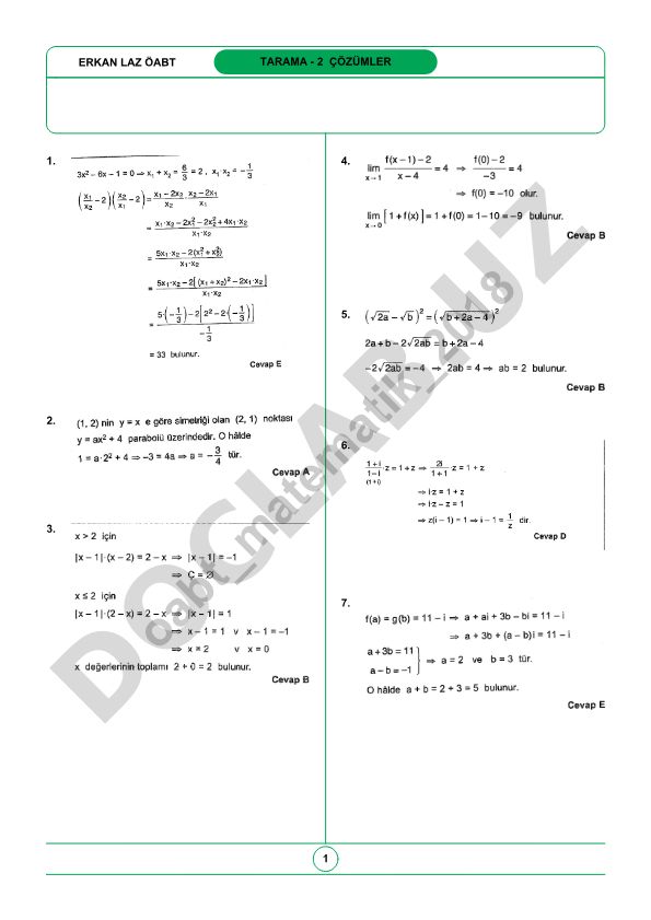 Matematik test çözümleri ve cevapları