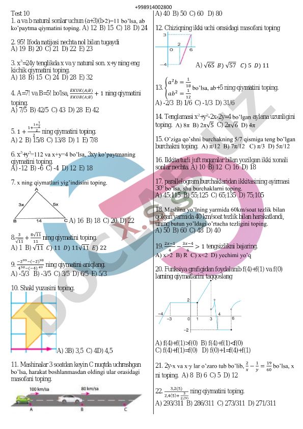 Matematika test savollari va masalalari