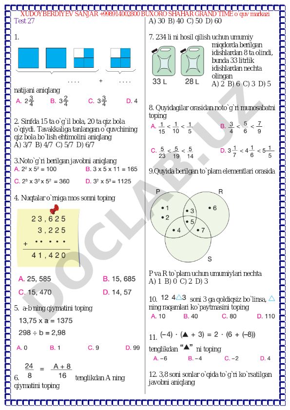 Matematika test savollari va masalalari