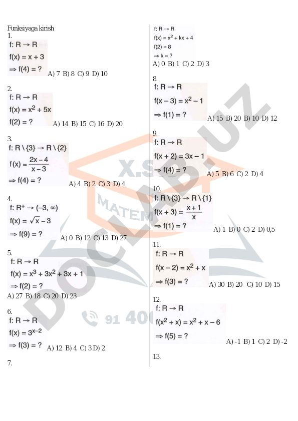Funksiyaga kirish test savollari