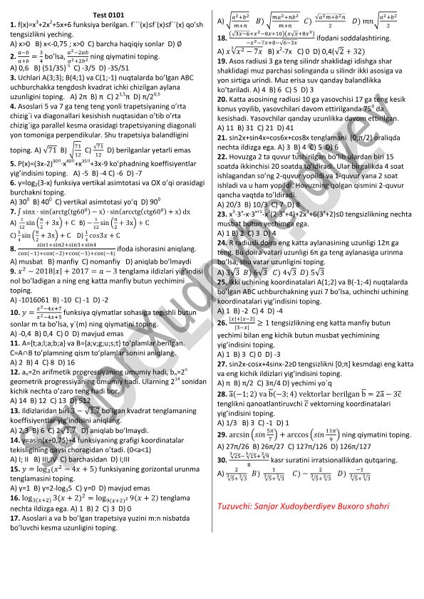 Matematika test savollari to'plami