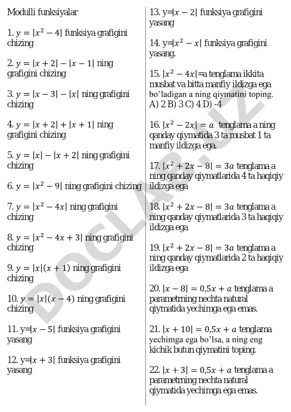 Modulli funksiyalar grafiklari va tenglamalar