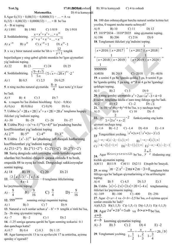 Matematika test savollari to'plami