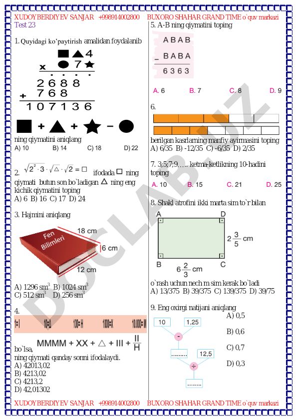 Matematika test savollari va masalalari