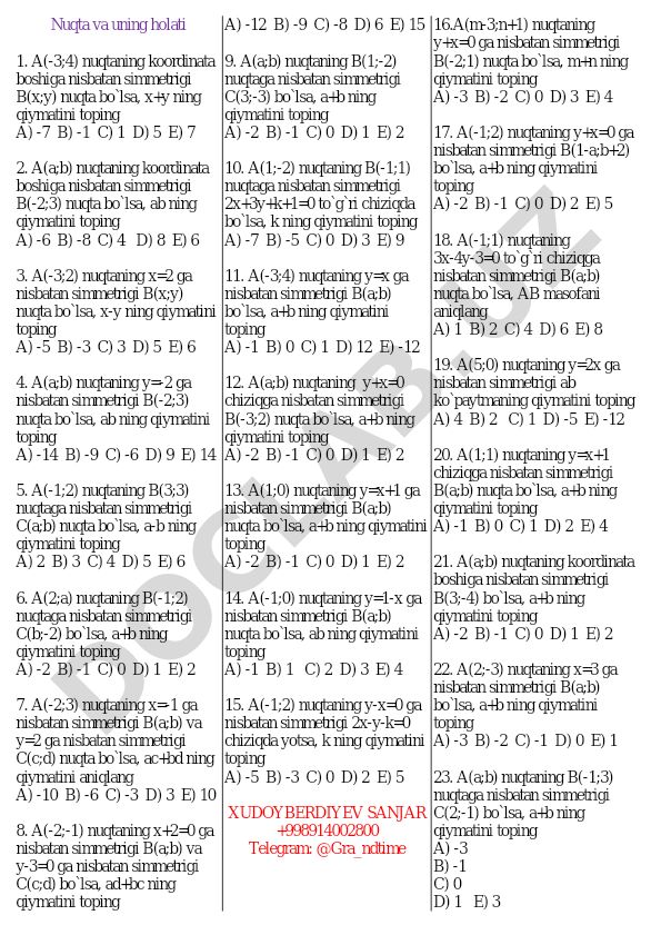 Koordinata tekisligida nuqtalarning simmetriyasi masalalari