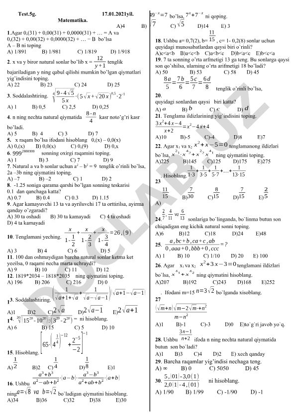 Matematika test savollari to'plami