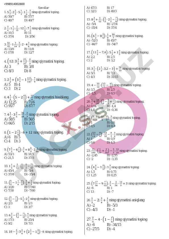 Matematik ifodalar qiymatini hisoblash test savollari