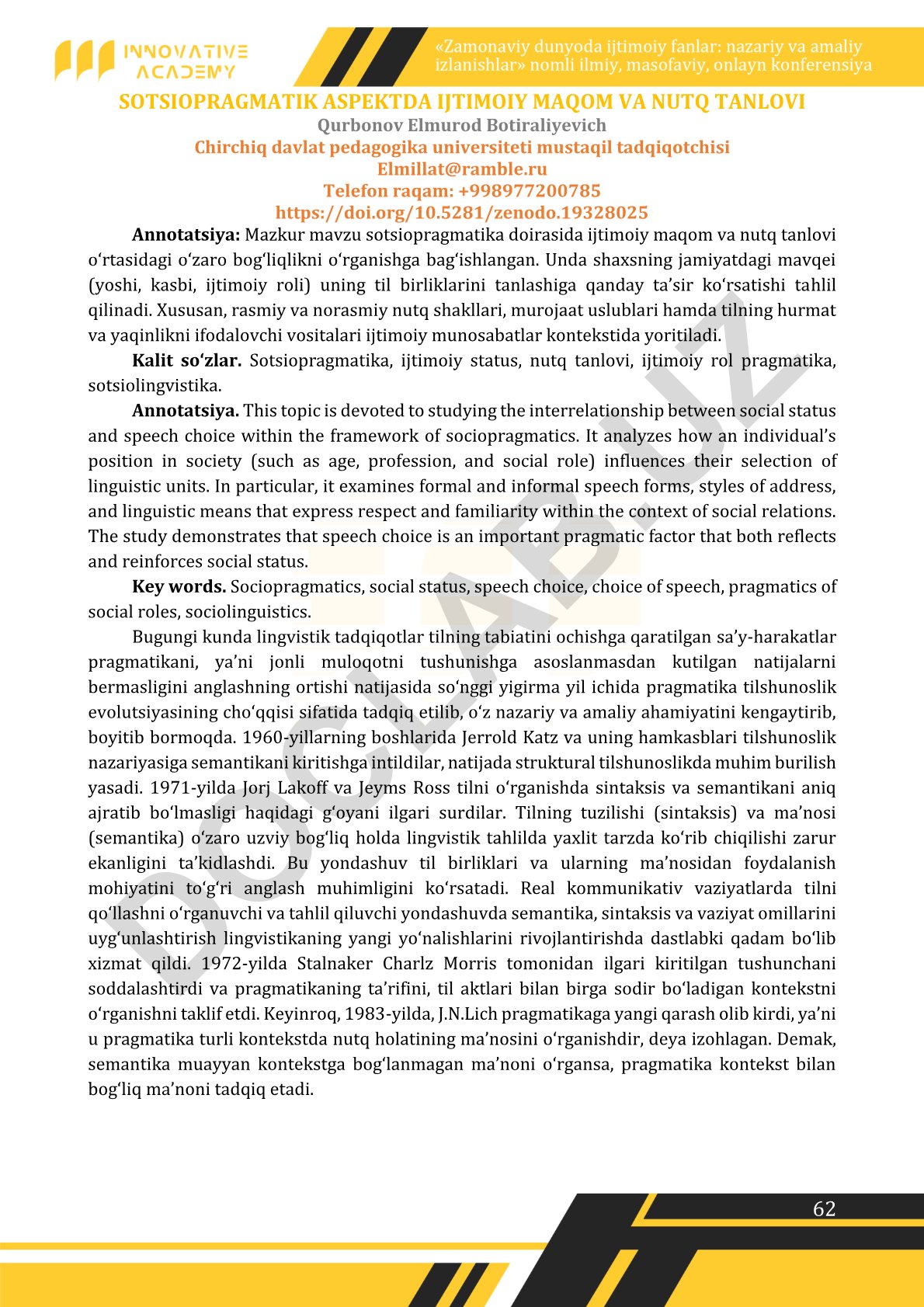Sotsiopragmatik aspektda ijtimoiy maqom va nutq tanlovi