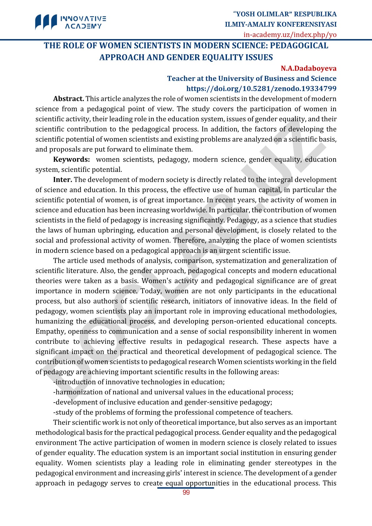 The Role of Women Scientists in Modern Science: Pedagogical Approach and Gender Equality Issues
