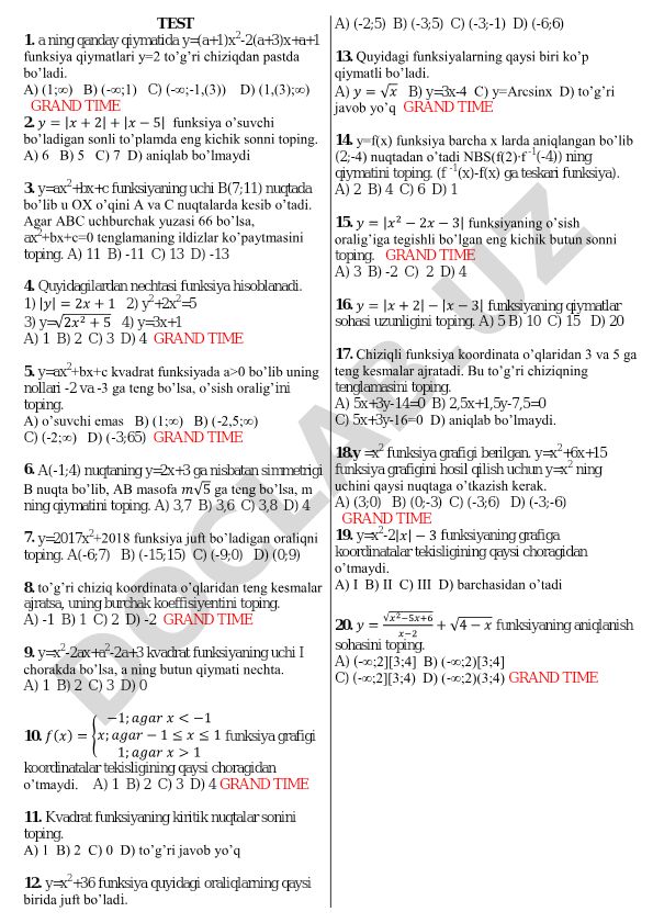 Matematik funksiyalar va tenglamalar masalalari