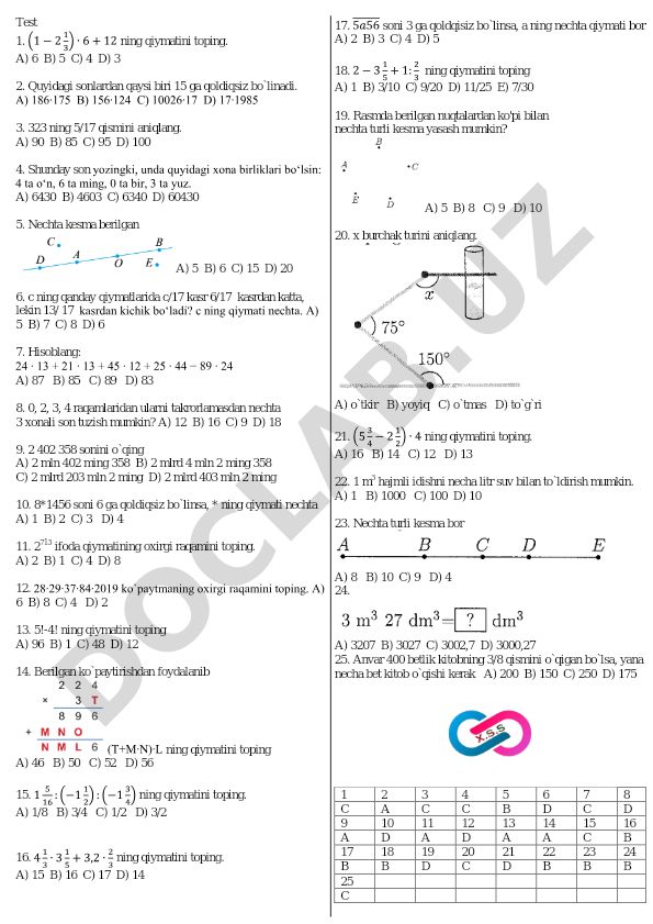 Matematika test savollari va masalalari