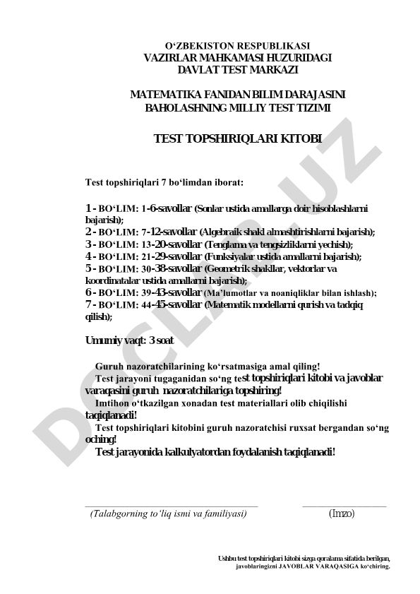 Matematika fanidan bilim darajasini baholash test topshiriqlari kitobi