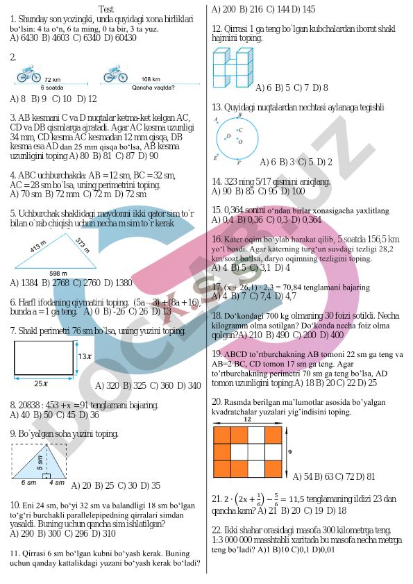 Matematika test savollari va masalalari