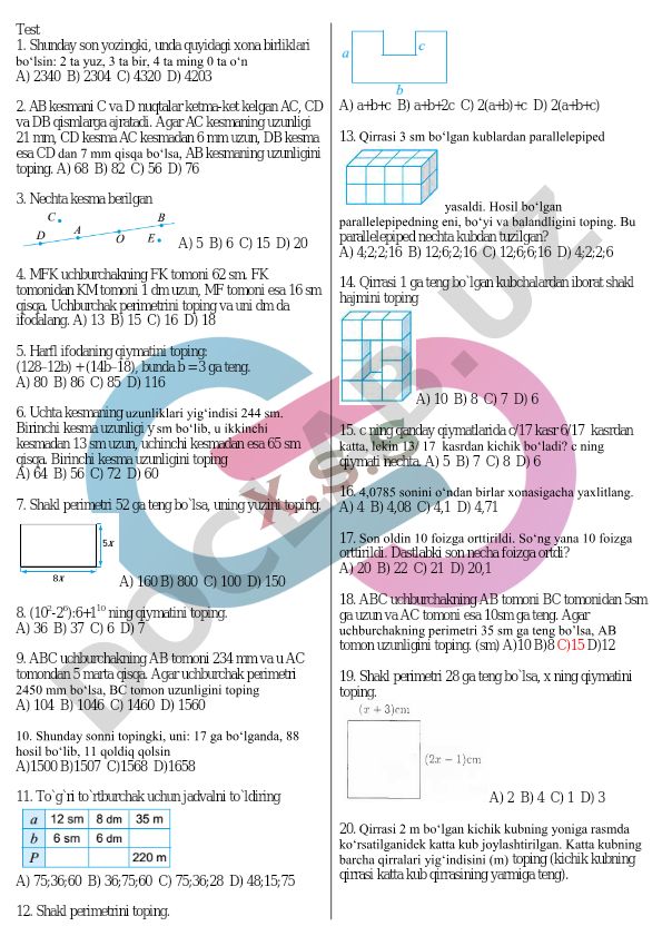 Matematika test savollari va masalalari