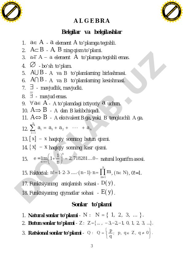 Algebra belgilari va belgilashlar