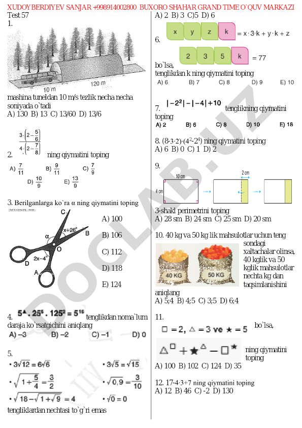 Matematika va fizika test savollari