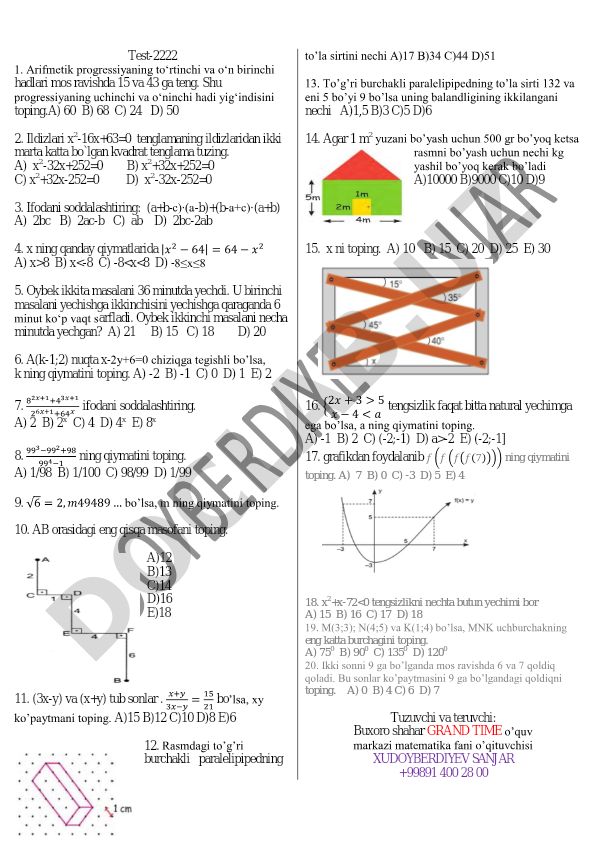 Matematika test savollari va masalalari