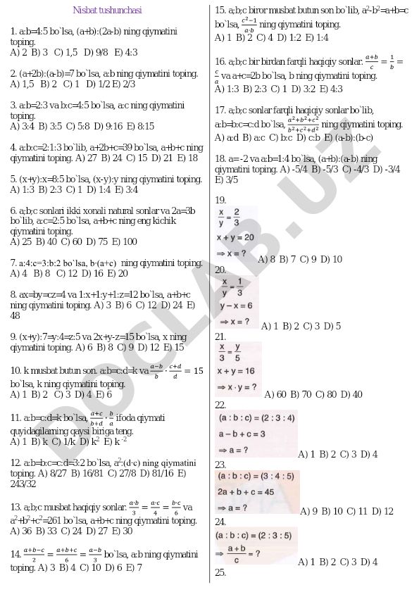 Nisbat tushunchasi bo'yicha matematik masalalar to'plami