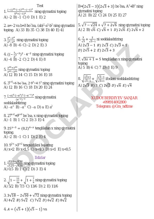 Algebra va ildizlar bo'yicha matematika testlari
