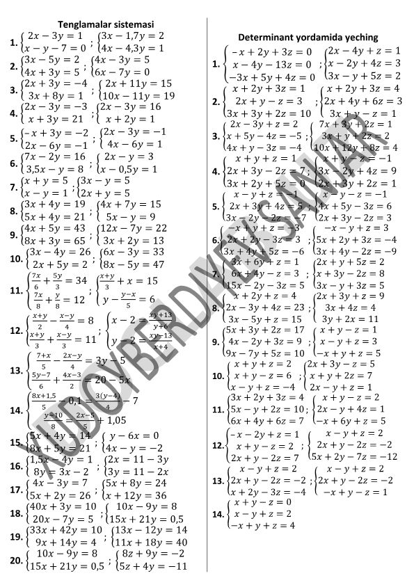 Tenglamalar sistemasi va determinant yordamida yechish