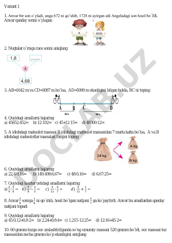 Matematika masalalari va hisoblash amallari to'plami