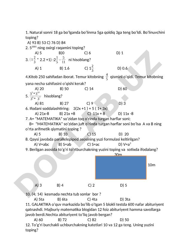 Matematika test savollari va masalalari