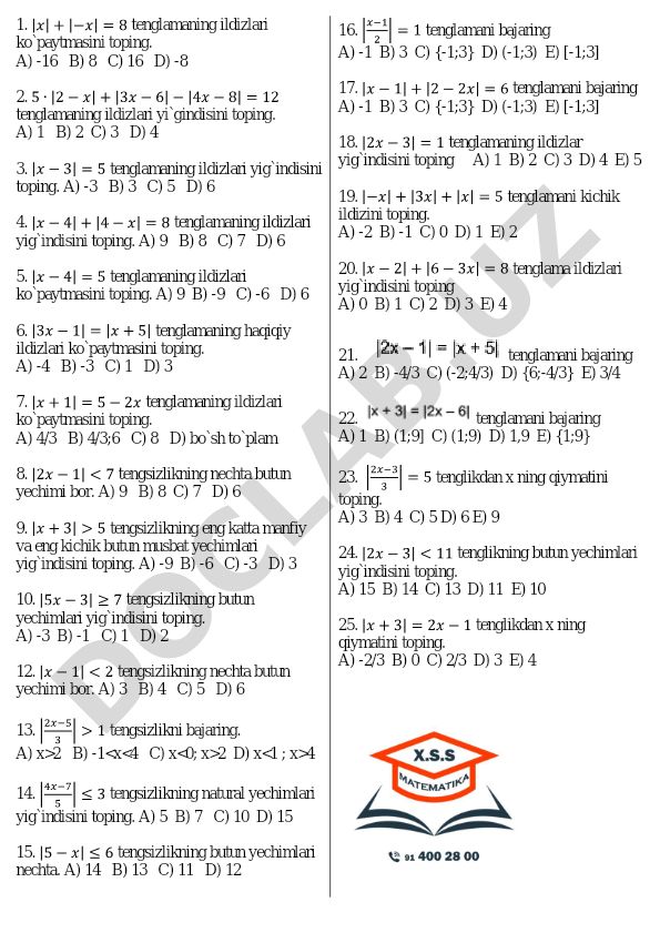 Algebra tenglama va tengsizliklar testi