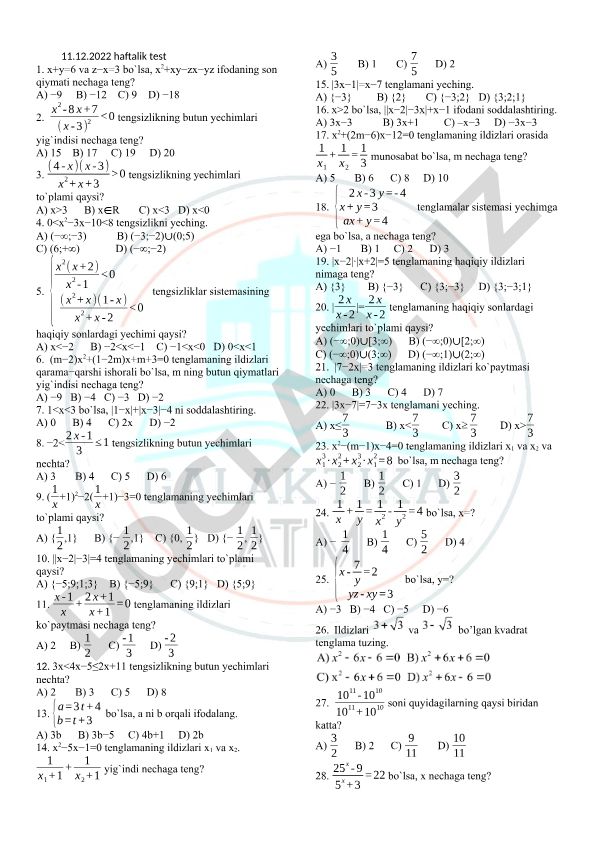 Algebra va tengsizliklar bo'yicha matematika testi