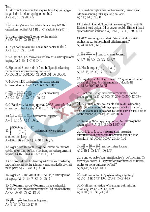 Matematika test savollari va masalalari