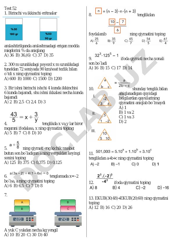 Matematika test savollari va masalalari