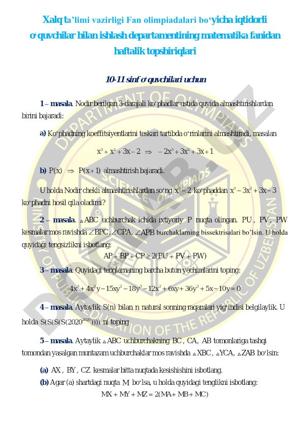Matematika fanidan haftalik topshiriqlar 10-11 sinflar uchun