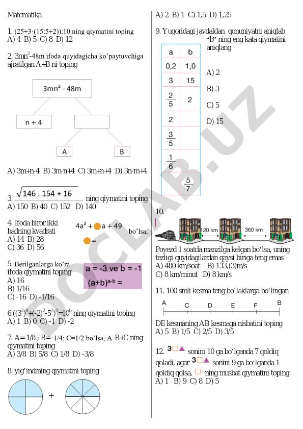 Matematika test savollari va masalalari