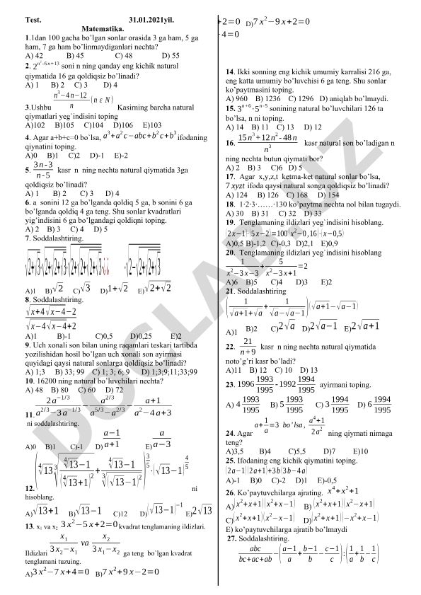Matematika test savollari to'plami