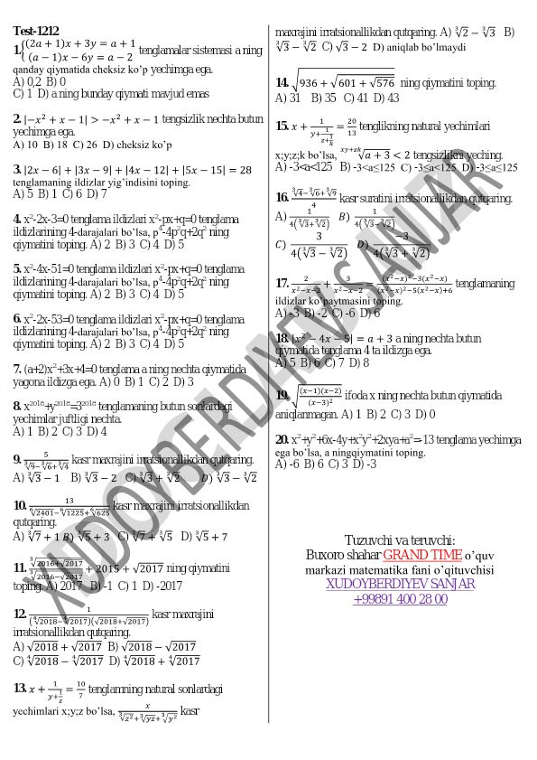 Algebra tenglamalar va tengsizliklar testi