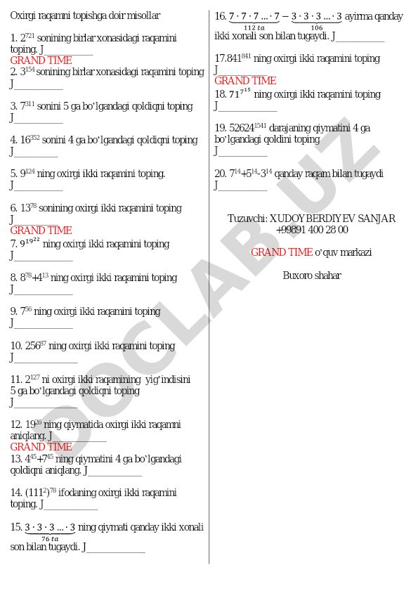 Oxirgi raqamni topishga doir matematik misollar