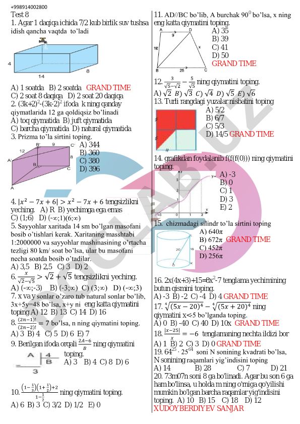 Matematika va geometriya masalalari to'plami