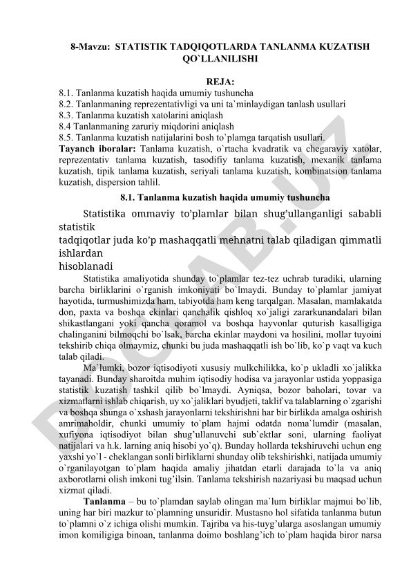 Statistik tadqiqotlarda tanlanma kuzatish qo'llanilishi