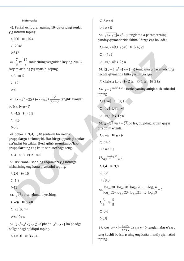 Matematika test savollari va masalalari