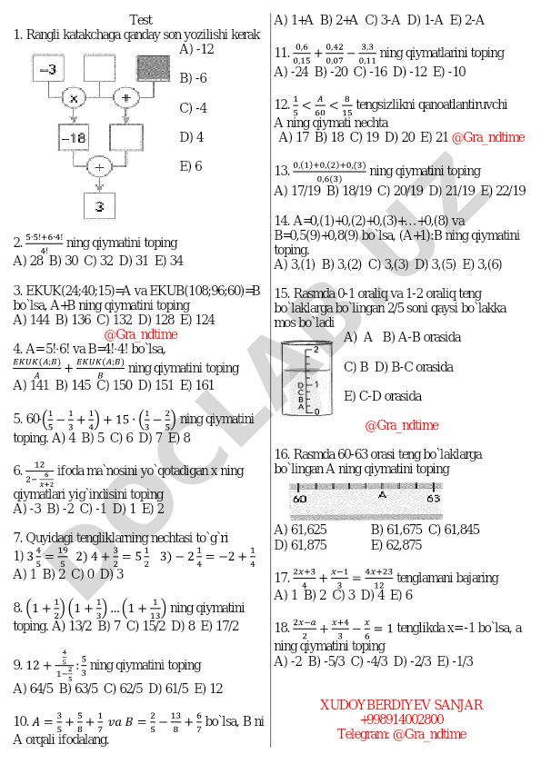Matematika test savollari va masalalari