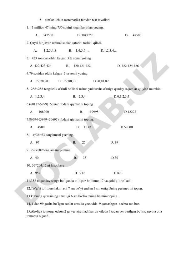5-sinf matematika fanidan test savollari