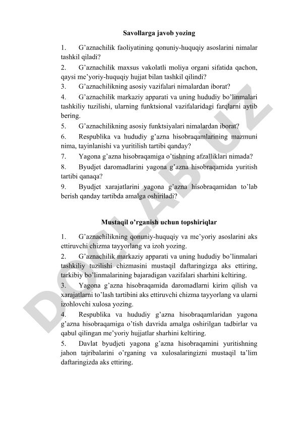 G'aznachilik faoliyatining qonuniy-huquqiy asoslari va tashkiliy tuzilishi