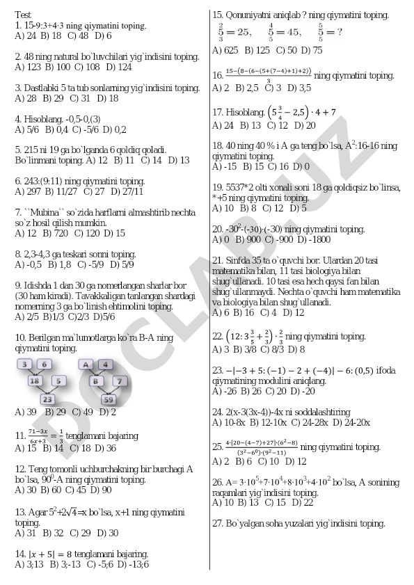 Matematika test savollari va masalalari